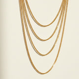 layered box chain necklace, gold chain set flat lay, 18K gold overlay layered necklace, graduated chain necklace, multi-strand gold necklace, dainty layered necklace, waterfall chain necklace, layered necklace set