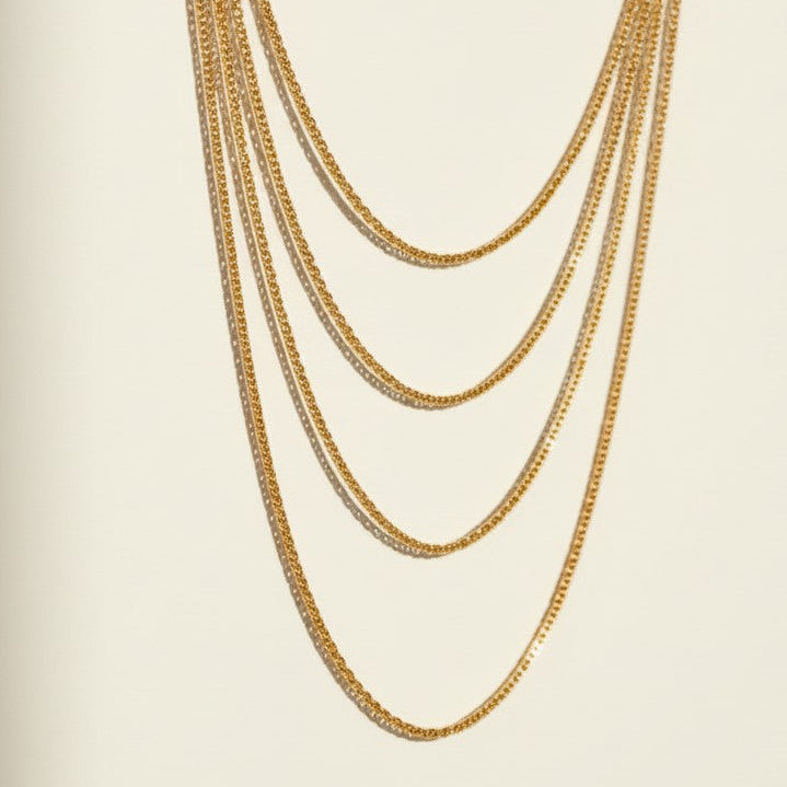 layered box chain necklace, gold chain set flat lay, 18K gold overlay layered necklace, graduated chain necklace, multi-strand gold necklace, dainty layered necklace, waterfall chain necklace, layered necklace set