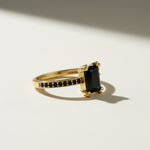 black stone cocktail ring, emerald cut ring gold, black onyx ring, vintage style statement ring, art deco cocktail ring, pavé black stone ring, gold statement ring on-model, dark gemstone ring