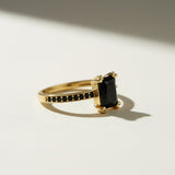 black stone cocktail ring, emerald cut ring gold, black onyx ring, vintage style statement ring, art deco cocktail ring, pavé black stone ring, gold statement ring on-model, dark gemstone ring