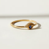 eye ring, evil eye ring, blue stone eye ring, dainty gold eye ring, lash eye ring, protective eye jewelry, minimalist stacking ring, sapphire blue accent ring