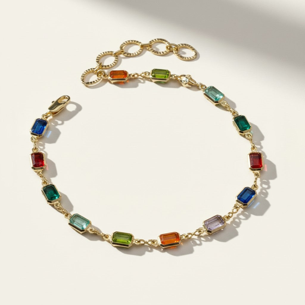 multicolor gemstone bracelet, rainbow tennis bracelet, emerald cut stone bracelet, colorful gold bracelet, gemstone chain bracelet, statement bracelet, adjustable gold bracelet, birthstone style bracelet