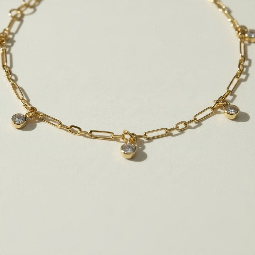 gold paperclip chain bracelet, crystal charm bracelet, dangling crystal bracelet, bezel crystal bracelet, gold-tone bracelet, dainty gold bracelet, adjustable gold bracelet, lobster clasp bracelet, station bracelet, stacking bracelet, bridal party bracelet, gift for her jewelry