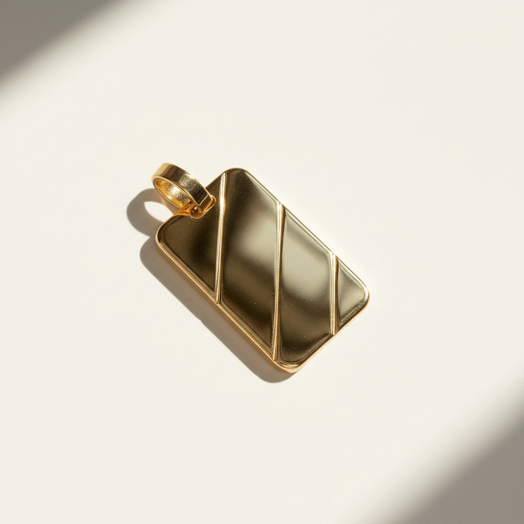 gold dog tag pendant, diagonal stripe pendant, gold tag necklace charm, minimalist gold pendant, men's gold pendant, geometric pendant, high polish gold jewelry, layering necklace charm