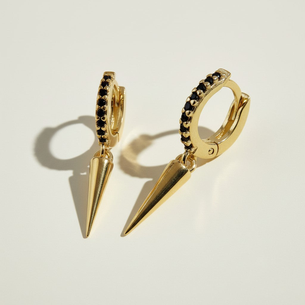 gold huggie hoop black spike, black pave hoop earrings, edgy drop huggie earrings, spike charm hoop earrings, gold and black earrings, minimalist edgy hoops, huggie earrings with drop