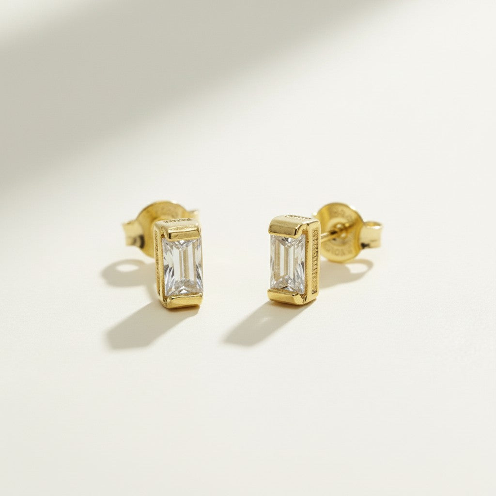 baguette stud earrings, gold baguette earrings, rectangle stud earrings, cubic zirconia baguette studs, minimalist stud earrings, dainty gold studs, milgrain stud earrings, everyday stud earrings, small sparkle earrings, earring stack studs, bridesmaid gift, gift for her