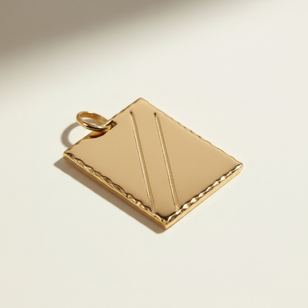 gold dog tag necklace, diagonal stripe pendant necklace, gold tag necklace, minimalist gold necklace, layering necklace, geometric pendant necklace, high polish gold jewelry, everyday gold necklace