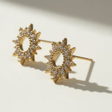 : gold sunburst earrings, pavé starburst studs, celestial stud earrings, gold star earrings, cubic zirconia sunburst studs, sun stud earrings, dainty gold stud earrings, astrology jewelry earrings