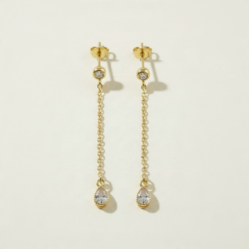 gold chain drop earrings, pear drop earrings, crystal drop stud earrings, dainty dangle earrings, bridal drop earrings, teardrop crystal earrings, gold chain dangle earrings, cubic zirconia drop earrings, delicate gold earrings, wedding earrings, elegant everyday earrings, women’s drop earrings
