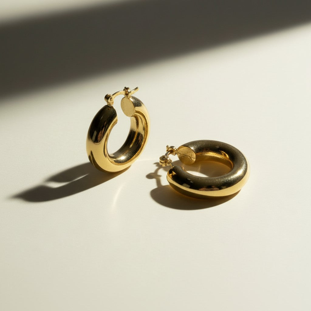 mini dome hoop earrings flat lay, small gold hoops detail, chunky mini hoops, rounded gold earrings, everyday small hoops, polished dome earrings, compact gold hoops, thick gold hoop earrings