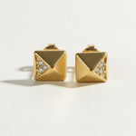 gold pyramid stud earrings, geometric stud earrings, matte gold studs, pyramid earrings with crystals, square stud earrings, minimalist gold studs, modern geometric earrings, cubic zirconia accent studs, edgy gold studs, everyday stud earrings, architectural earrings, women’s gold stud earrings