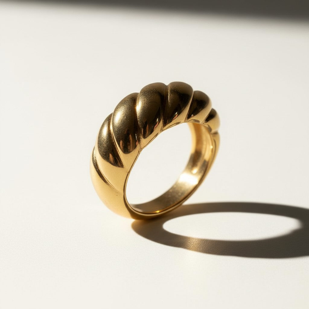 croissant ring, twisted ridge gold ring, textured dome ring, chunky gold ring, 18k gold overlay ring, statement gold ring, ribbed gold band ring, sculptural gold ring