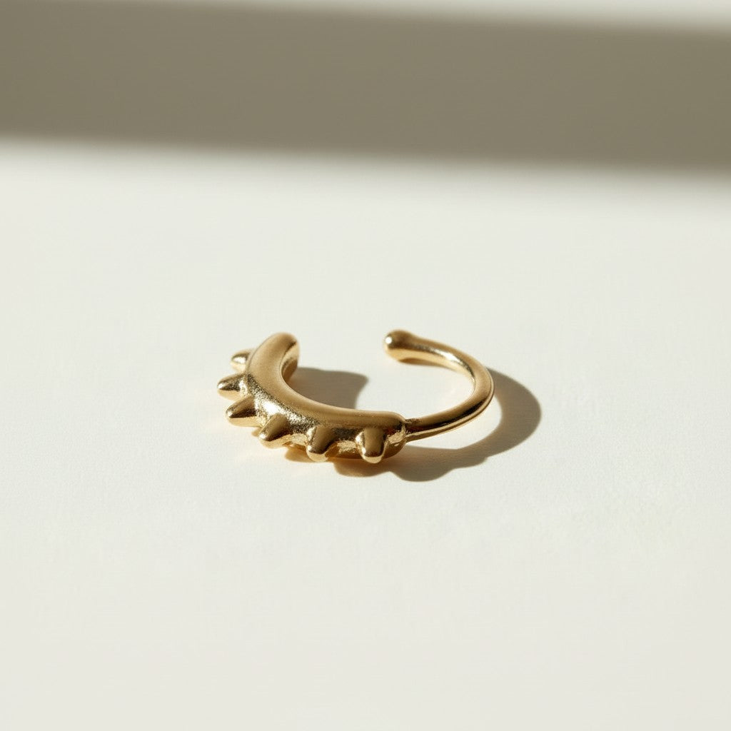 gold spike ear cuff, single row ear cuff, no piercing ear cuff, minimalist ear cuff, textured gold cuff earring, adjustable ear cuff, edgy gold ear cuff, stackable ear cuff