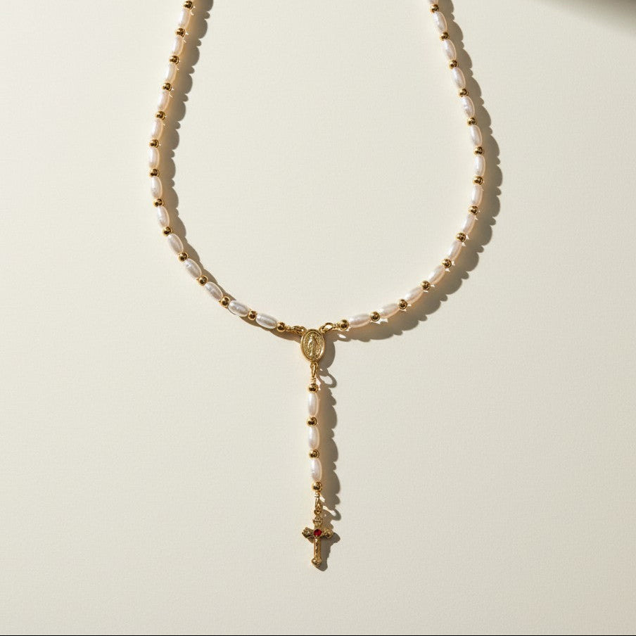 pearl rosary necklace, freshwater pearl rosary necklace, gold bead rosary necklace, rosary style necklace, pearl cross necklace, miraculous medal necklace, Catholic jewelry, religious necklace, first communion gift, confirmation gift, baptism gift, vintage-style pearl necklace, gift for her