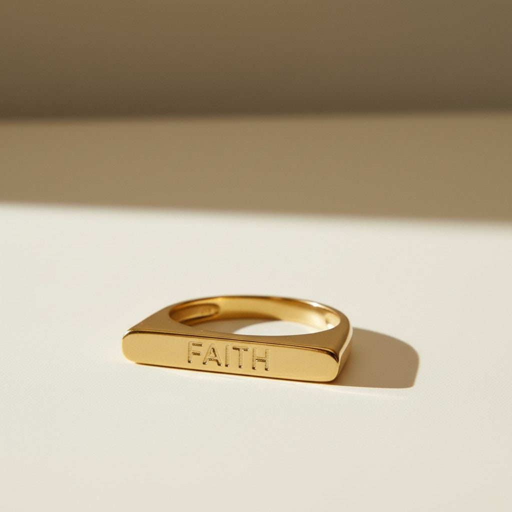 faith ring, word signet ring, engraved gold ring, inspirational jewelry, gold statement ring, personalized word ring, flat top ring, meaningful jewelry gift