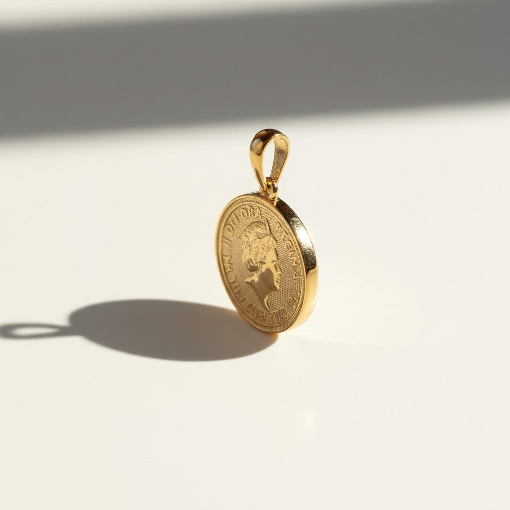 gold coin pendant, Queen Elizabeth coin necklace, vintage coin jewelry, medallion pendant gold, coin charm necklace, textured gold pendant, collectible coin jewelry, layering pendant