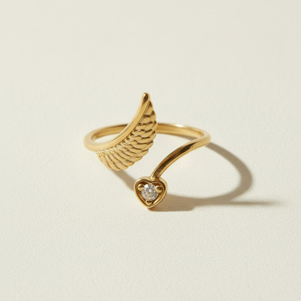 angel wing ring, wing and heart ring, cubic zirconia heart ring, open wrap ring gold, 18K gold overlay ring, adjustable statement ring, symbolic gold ring, angel wing jewelry