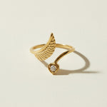angel wing ring, wing and heart ring, cubic zirconia heart ring, open wrap ring gold, 18K gold overlay ring, adjustable statement ring, symbolic gold ring, angel wing jewelry