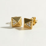 gold pyramid stud earrings, geometric stud earrings, matte gold studs, pyramid earrings with crystals, square stud earrings, minimalist gold studs, modern geometric earrings, cubic zirconia accent studs, edgy gold studs, everyday stud earrings, architectural earrings, women’s gold stud earrings