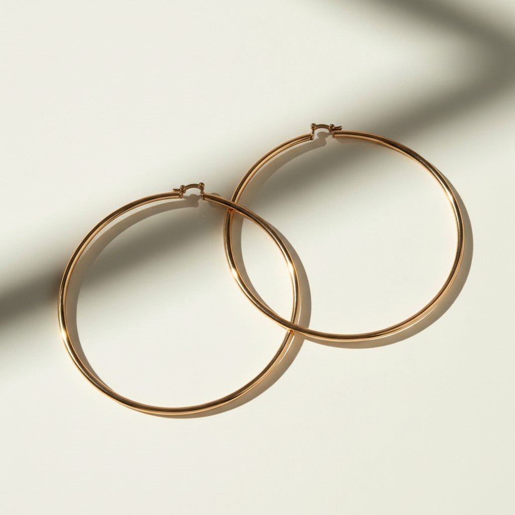 This pair of large gold hoop earrings features a smooth, uninterrupted circular silhouette crafted from a sleek round wire, offering a timeless, versatile shape that works for both everyday wear and dressed-up occasions. The hoops close securely with a hinged snap-back mechanism, ensuring a comfortable, secure fit at the earlobe. 