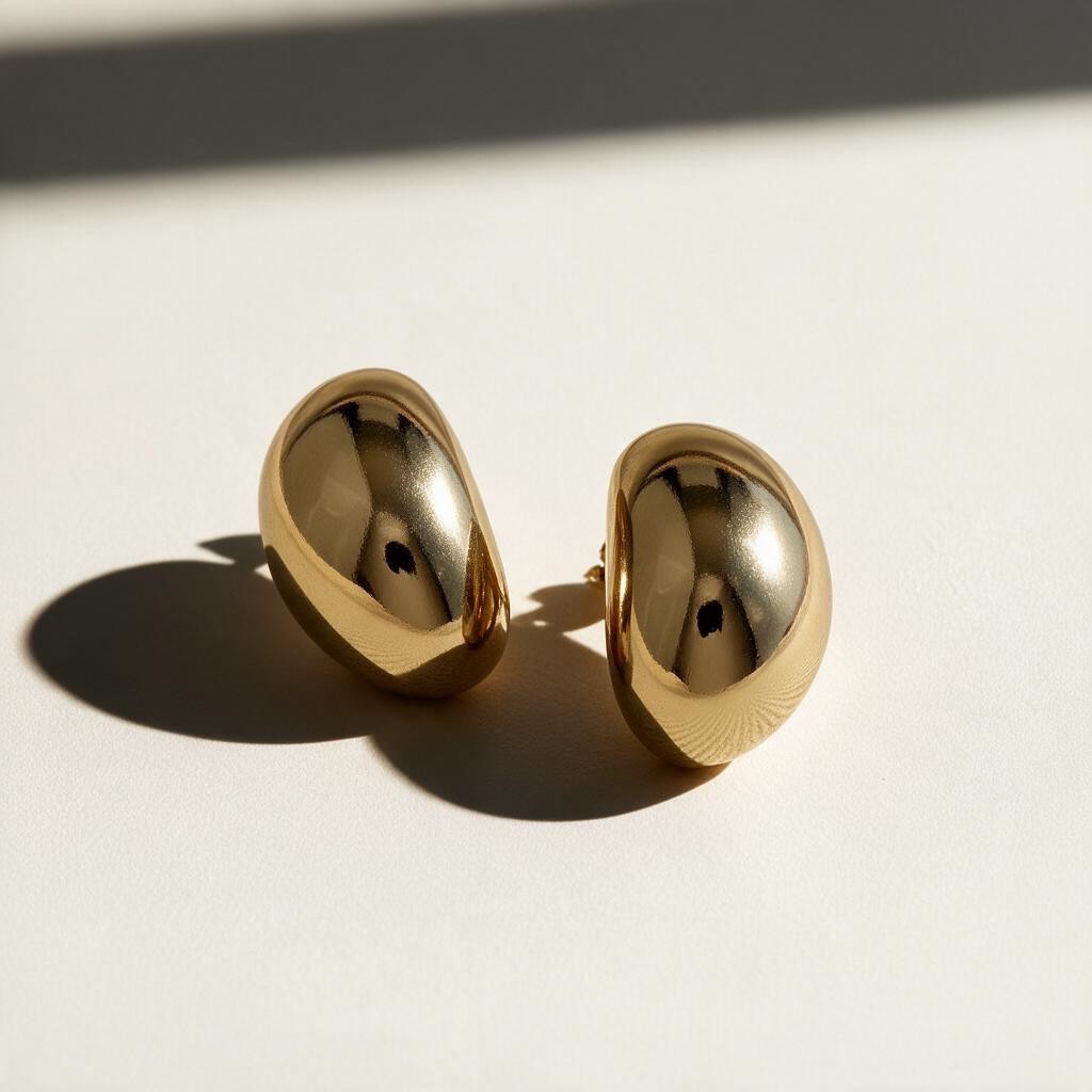chunky dome stud earrings flat lay, gold bean earrings detail, bold gold stud earrings, 18k gold overlay earrings, statement earrings, oval dome earrings, thick gold earrings, sculptural gold earrings