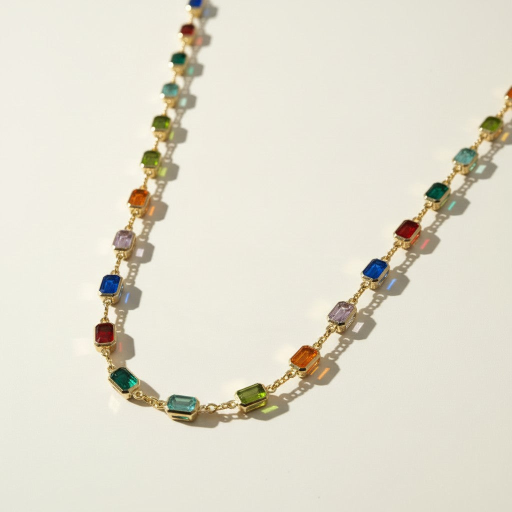 rainbow station necklace, multicolor gemstone necklace, emerald cut crystal necklace, colorful bezel necklace, gold bezel chain necklace, birthstone-style necklace, candy color necklace, layering necklace, adjustable gold necklace, jewel tone necklace, statement station necklace, women’s colorful necklace
