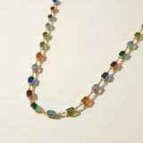 rainbow station necklace, multicolor gemstone necklace, emerald cut crystal necklace, colorful bezel necklace, gold bezel chain necklace, birthstone-style necklace, candy color necklace, layering necklace, adjustable gold necklace, jewel tone necklace, statement station necklace, women’s colorful necklace