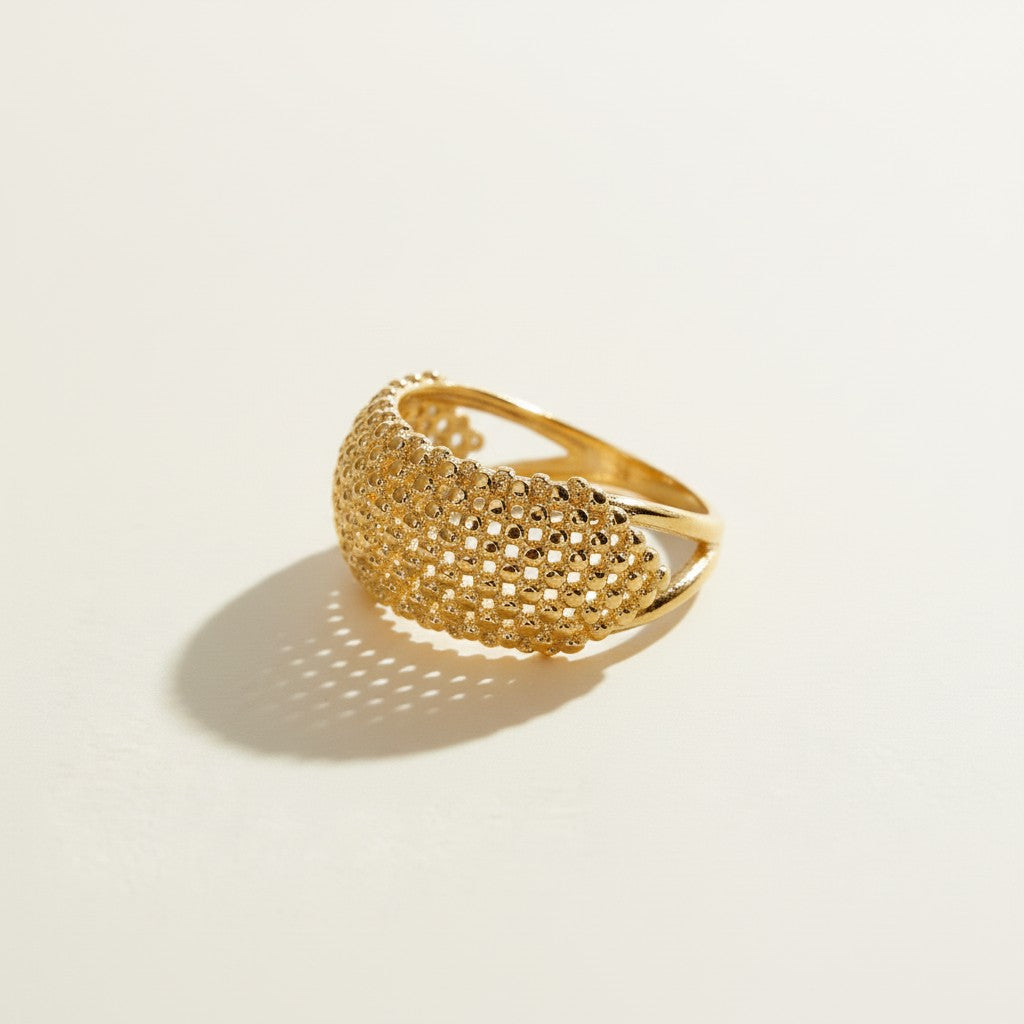 mesh dome ring, textured statement ring, perforated gold ring, split shank ring, beaded texture ring, sculptural dome ring, gold statement ring, lattice ring detail