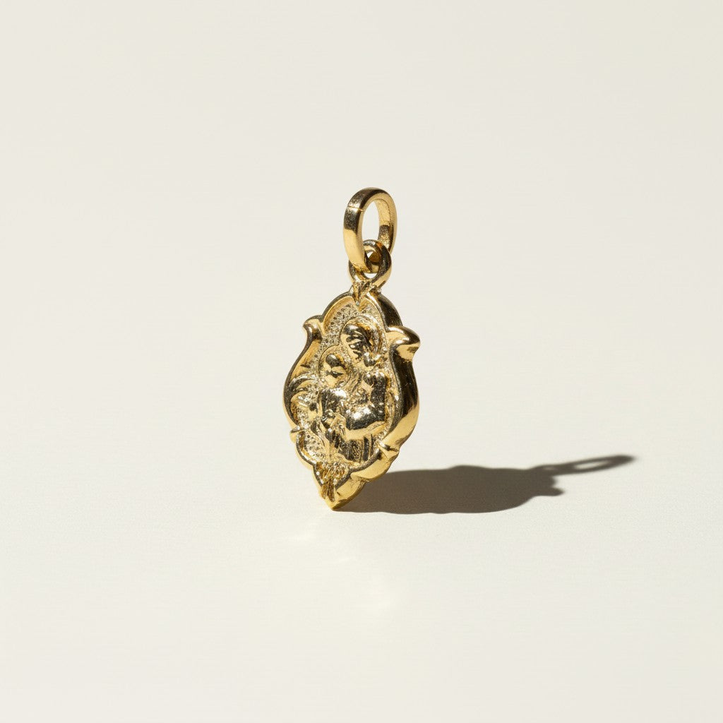 gold religious medallion, saint pendant necklace charm, vintage medal pendant, devotional jewelry, ornate gold pendant, textured gold medallion, symbolic religious jewelry, layering pendant