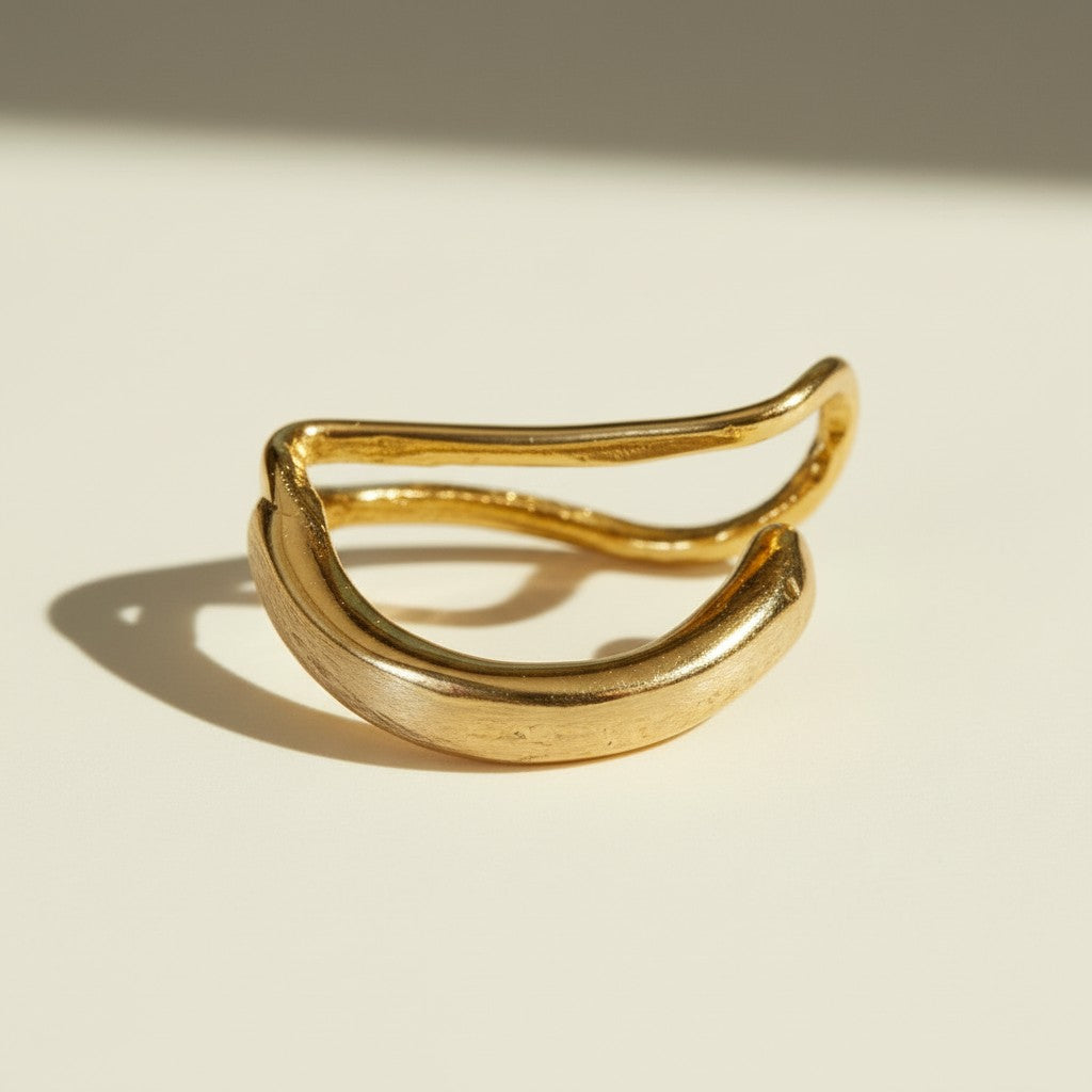 gold ear cuff, wave ear cuff, no piercing ear cuff, sculptural ear cuff, hammered gold ear cuff, organic shape earrings, double band ear cuff, minimalist ear cuff, non-pierced earrings, cartilage cuff, wire ear cuff, ear stack jewelry, artisan gold jewelry, gift for her