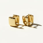 square huggie earrings, chunky gold huggie hoops, geometric hoop earrings, boxy gold hoops, small gold hoop earrings, polished gold huggies, hinged huggie hoops, everyday gold hoops