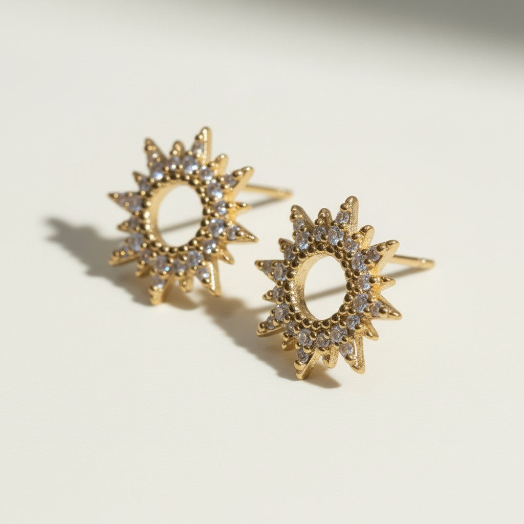 gold sunburst earrings, pavé starburst studs, celestial stud earrings, gold star earrings, cubic zirconia sunburst studs, sun stud earrings, dainty gold stud earrings, astrology jewelry earrings