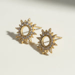 gold sunburst earrings, pavé starburst studs, celestial stud earrings, gold star earrings, cubic zirconia sunburst studs, sun stud earrings, dainty gold stud earrings, astrology jewelry earrings