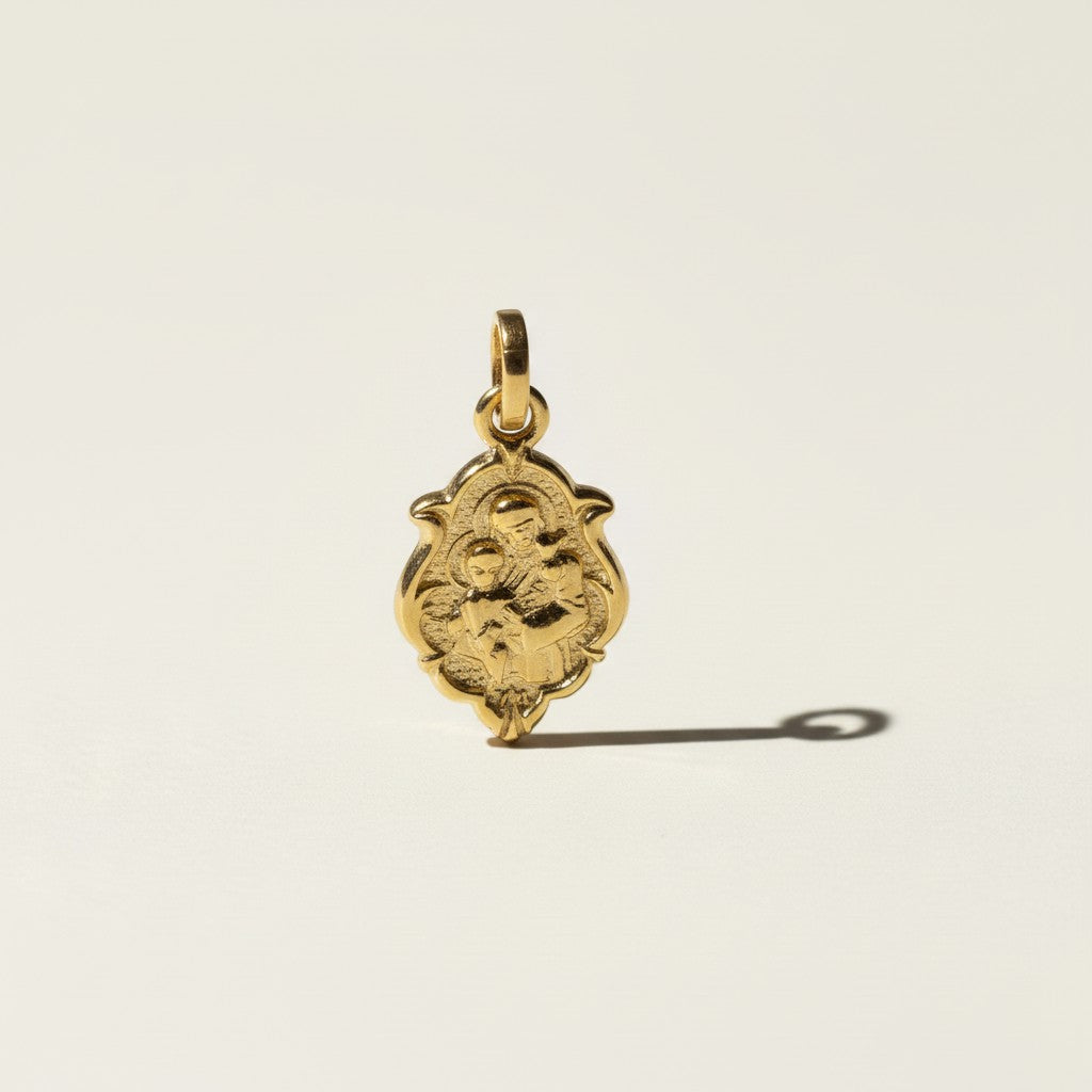 gold religious medallion, saint pendant necklace charm, vintage medal pendant, devotional jewelry, ornate gold pendant, textured gold medallion, symbolic religious jewelry, layering pendant