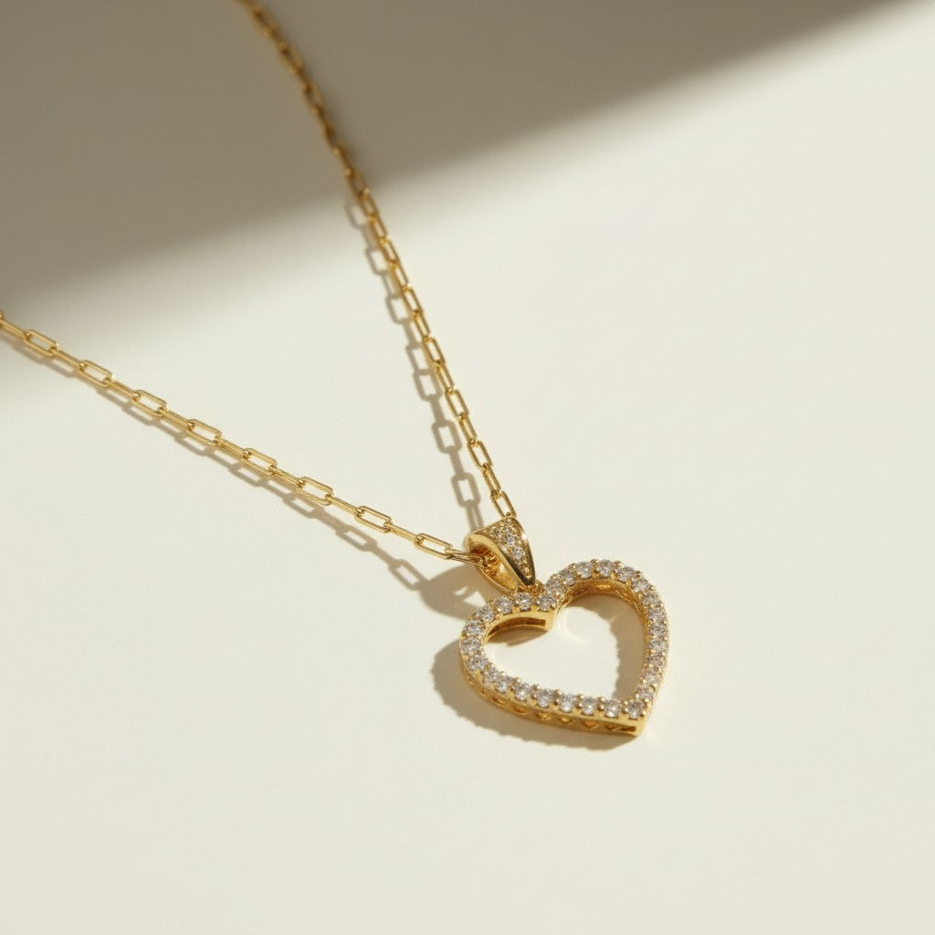 pavé heart necklace, open heart pendant, crystal heart necklace, paperclip chain heart pendant, gold heart necklace, dainty heart jewelry, crystal outline pendant