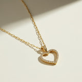 pavé heart necklace, open heart pendant, crystal heart necklace, paperclip chain heart pendant, gold heart necklace, dainty heart jewelry, crystal outline pendant