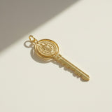 gold key pendant, saint medallion key necklace charm, religious key jewelry, symbolic gold pendant, vintage medal key charm, textured gold pendant, devotional jewelry, novelty key necklace