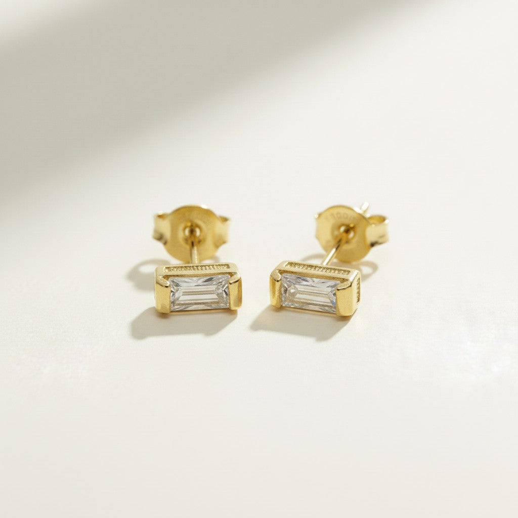 baguette stud earrings, gold baguette earrings, rectangle stud earrings, cubic zirconia baguette studs, minimalist stud earrings, dainty gold studs, milgrain stud earrings, everyday stud earrings, small sparkle earrings, earring stack studs, bridesmaid gift, gift for her