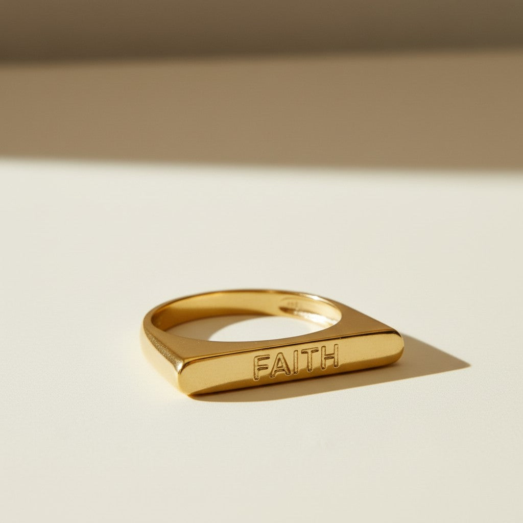 faith ring, word signet ring, engraved gold ring, inspirational jewelry, gold statement ring, personalized word ring, flat top ring, meaningful jewelry gift