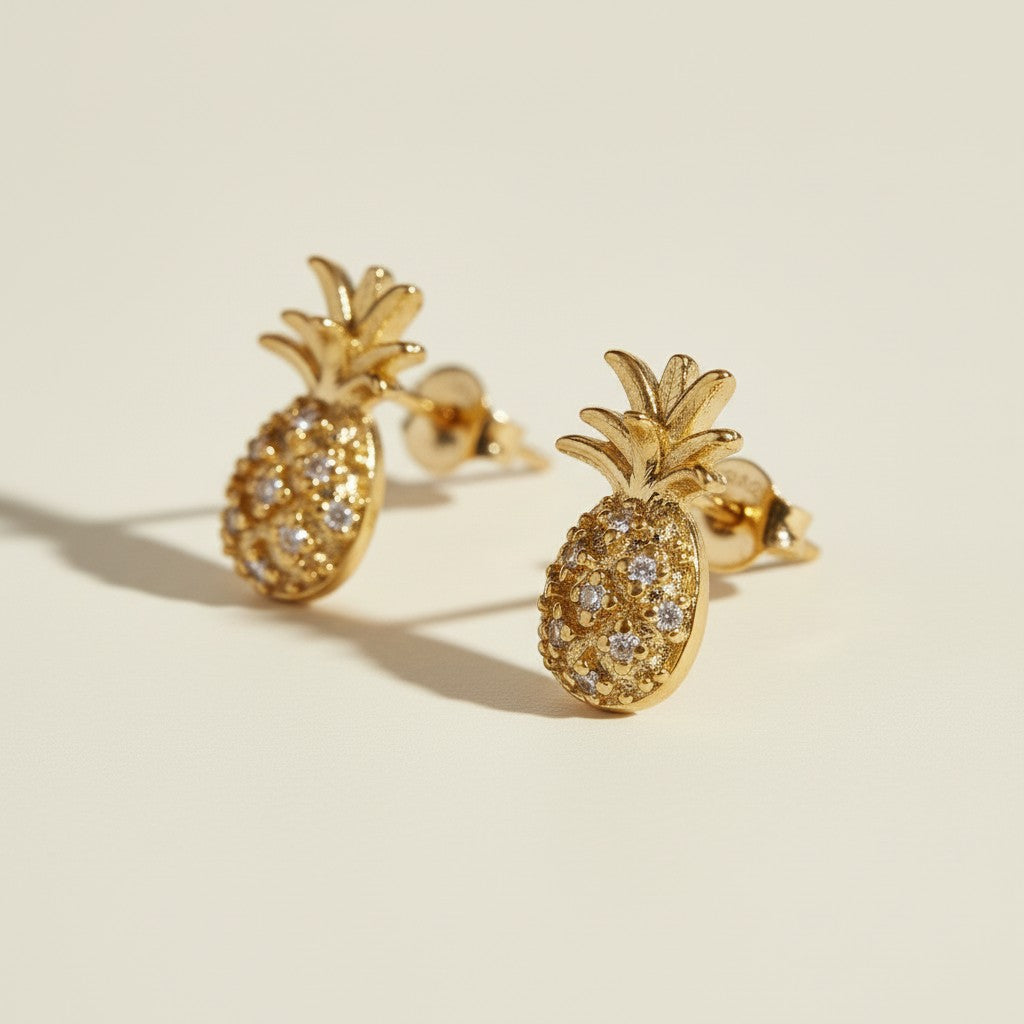 : pineapple stud earrings, pavé pineapple earrings, gold pineapple studs, tropical stud earrings, crystal fruit earrings, dainty novelty earrings, summer stud earrings, pineapple earrings detail