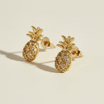 : pineapple stud earrings, pavé pineapple earrings, gold pineapple studs, tropical stud earrings, crystal fruit earrings, dainty novelty earrings, summer stud earrings, pineapple earrings detail