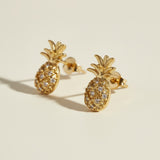 : pineapple stud earrings, pavé pineapple earrings, gold pineapple studs, tropical stud earrings, crystal fruit earrings, dainty novelty earrings, summer stud earrings, pineapple earrings detail