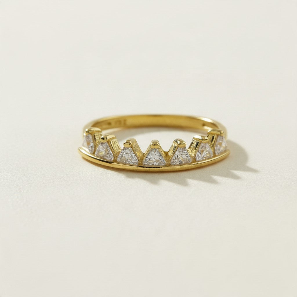 gold crown ring, trillion cut ring, triangle stone ring, tiara ring, gold-tone stacking ring, crystal band ring, dainty gold ring, zigzag stone ring, half eternity style ring, minimalist crown ring, stackable ring, gift for her jewelry