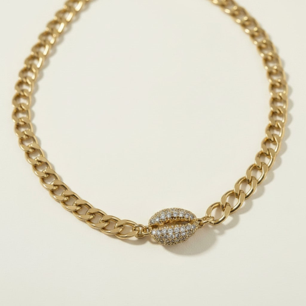 Gold Curb Chain Choker with Pavé Crystal Cowrie Shell Charm