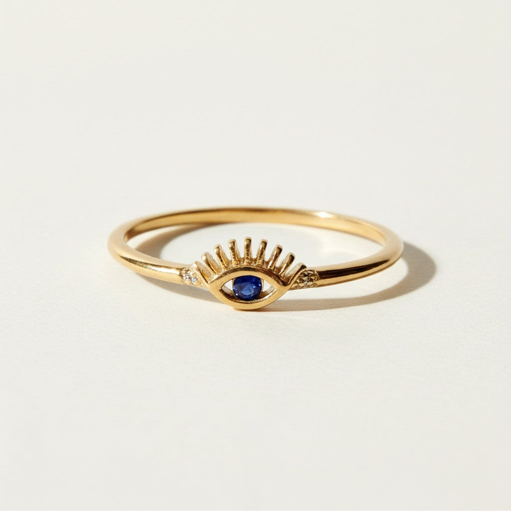 eye ring, evil eye ring, blue stone eye ring, dainty gold eye ring, lash eye ring, protective eye jewelry, minimalist stacking ring, sapphire blue accent ring