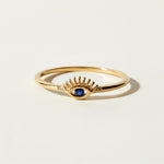 eye ring, evil eye ring, blue stone eye ring, dainty gold eye ring, lash eye ring, protective eye jewelry, minimalist stacking ring, sapphire blue accent ring