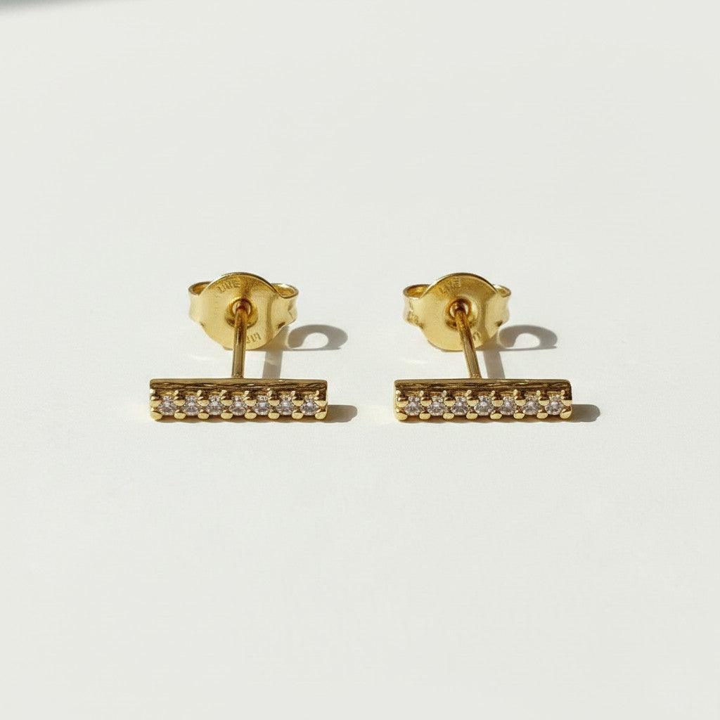 gold bar stud earrings, pavé bar earrings, crystal bar studs, minimalist bar earrings, cubic zirconia bar studs, dainty gold studs, linear stud earrings, everyday stud earrings, sparkle bar earrings, ear stack studs, small bar earrings, bridesmaid gift, gift for her
