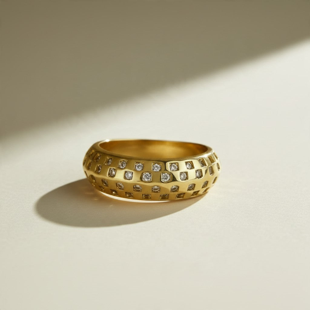 chunky gold dome ring, crystal dome ring, wide gold band ring, statement gold ring, sparkly dome ring, cubic zirconia band ring, thick gold ring, scattered crystal ring, gold stacking ring, bold gold ring, chunky ring for women, matching ring and earrings