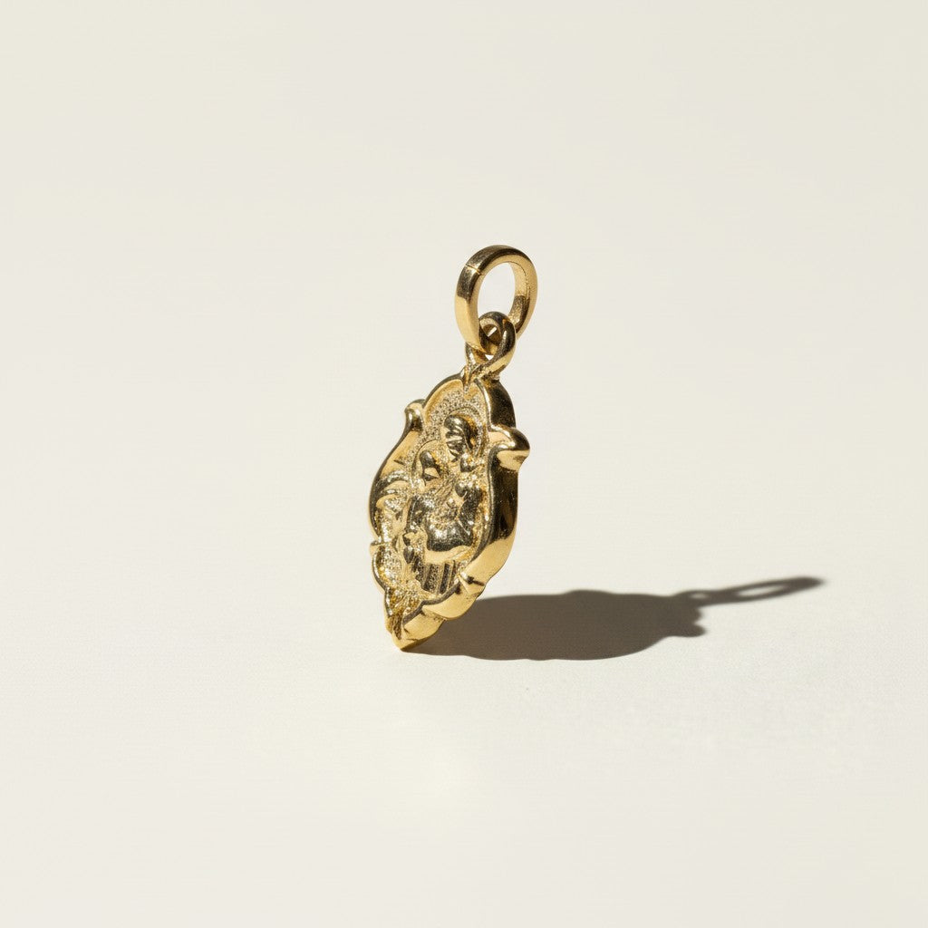 gold religious medallion, saint pendant necklace charm, vintage medal pendant, devotional jewelry, ornate gold pendant, textured gold medallion, symbolic religious jewelry, layering pendant