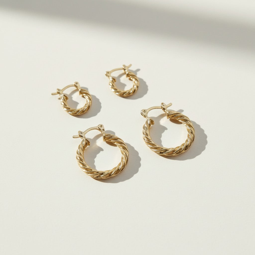 twisted rope hoop earrings, gold twist hoops, 18K gold overlay hoops, textured hoop earrings, small gold hoops, click top hoop earrings, rope texture earrings, hoop earrings two sizes